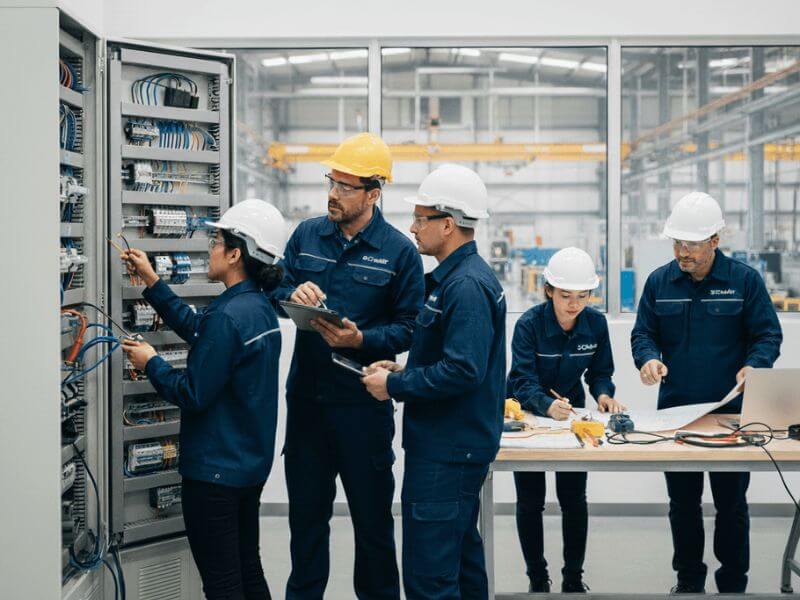Equipo de ingenieros de Screwair trabajando en proyecto eléctrico industrial